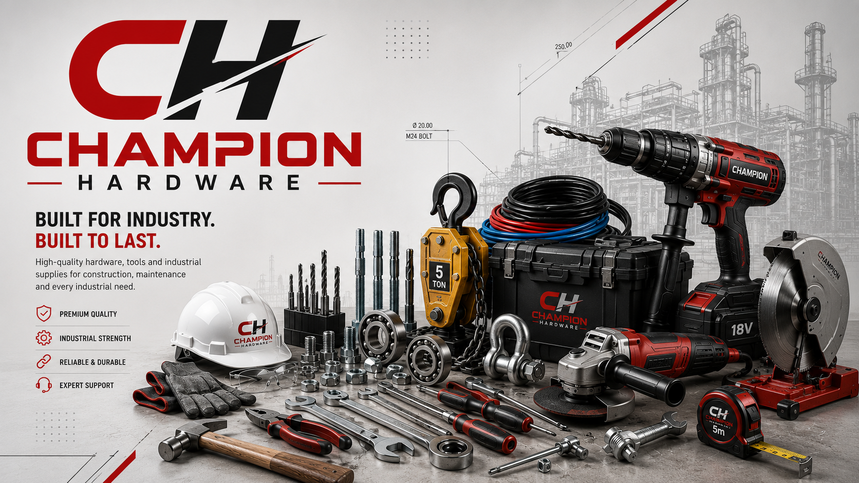 Champion Industrial Hardware campaign graphic featuring tools, safety gear, and industrial hardware products